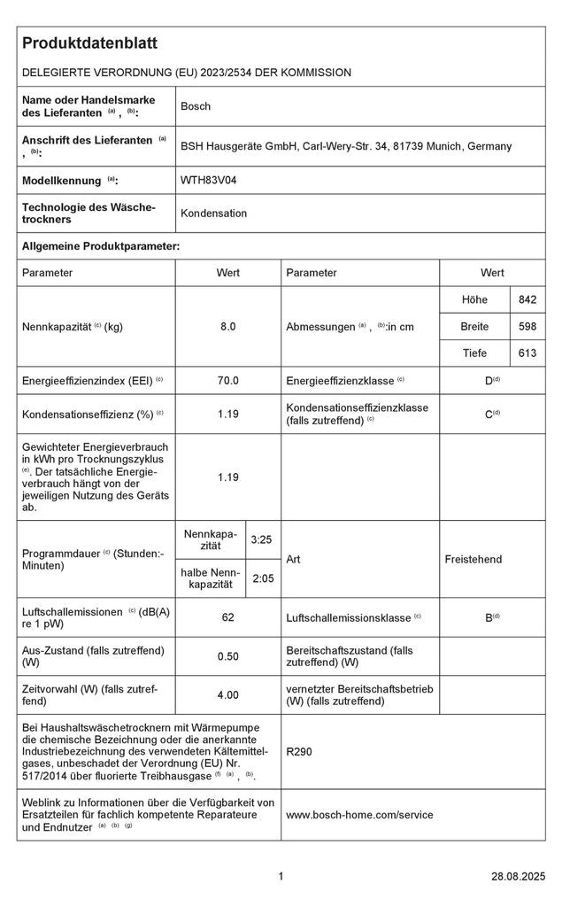 Bosch Serie 4 WTH83V04, Freistehend, Frontlader, Kondensation, Weiß, Drehregler, Rechts
