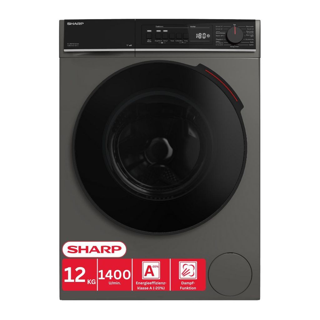 Sharp ES - WNFB214CAA - DE Waschmaschine (12 kg, EEK A - 20%, 1400 U/min.), (WiFi, Inverter Motor, Dampf, AquaStop), Espresso Gray