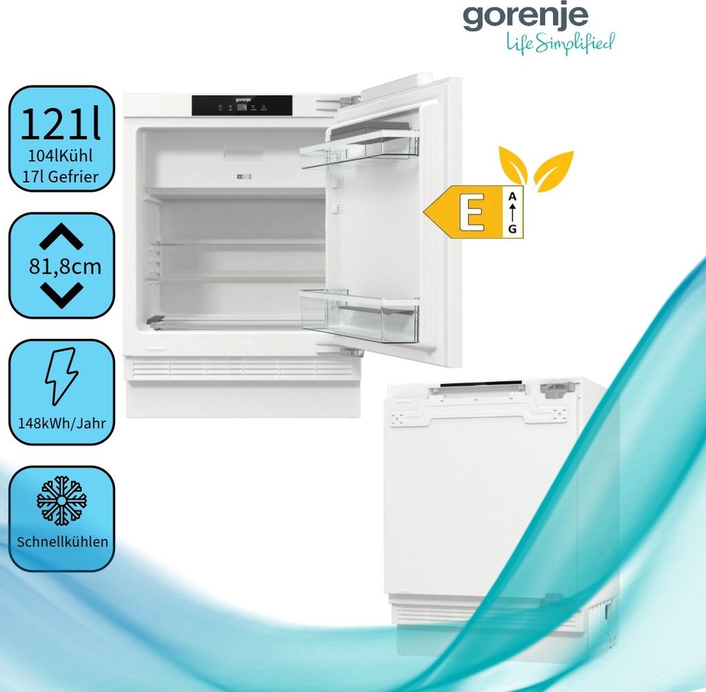 gorenje RBIU609EA1 Kühlschrank, Unterbau, 88er Nische, 121 l, Unterbau, E, 38 dB, SN - ST, 2 kg/24h