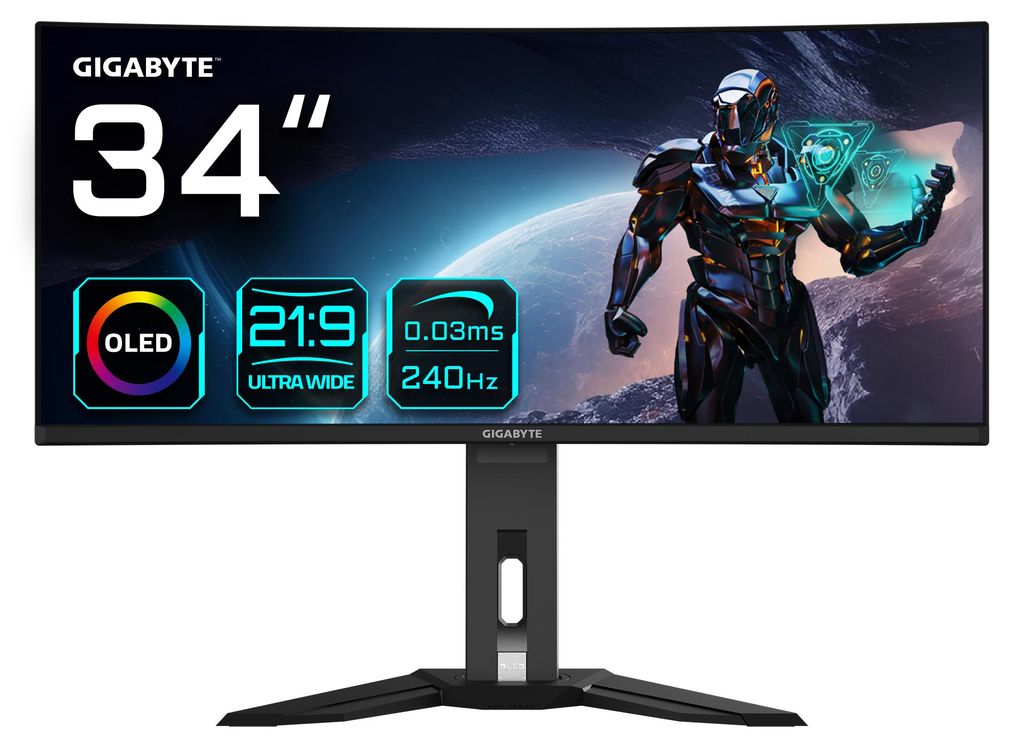 Gigabyte OLED WQHD Curved Gaming Monitor MO34WQC2 - 34 Zoll, 3440 x 1440, 240Hz, 0,03ms, KVM, 250 cd/m², FreeSync Premium Pro, DisplayHDR True Black 400, HDMI 2.1, Displayport 1.4, 86,4 cm (34"), 3440 x 1440 Pixel, Wide Quad HD, OLED, 0,03 ms, Schwarz