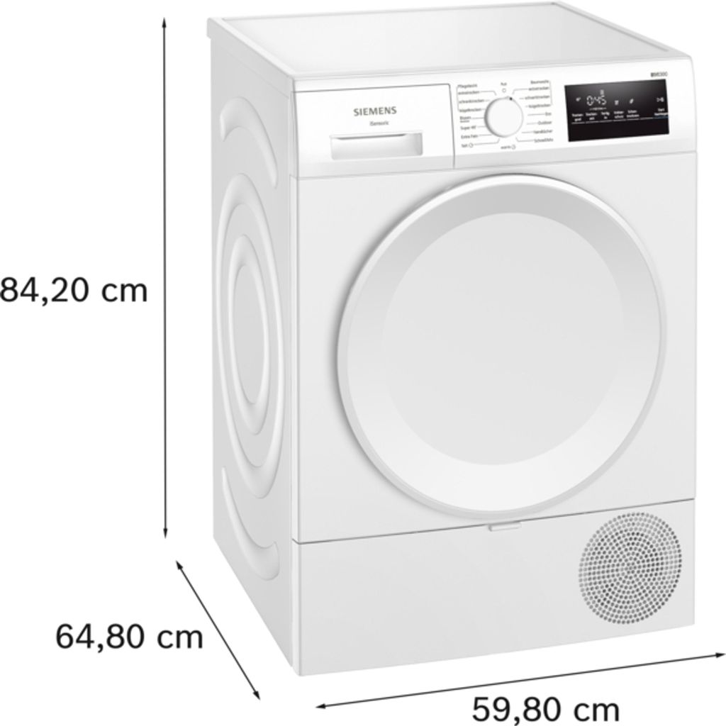 Siemens iQ300 WT43HV04, Freistehend, Frontlader, Kondensation, Weiß, Drehregler, Berührung, Rechts