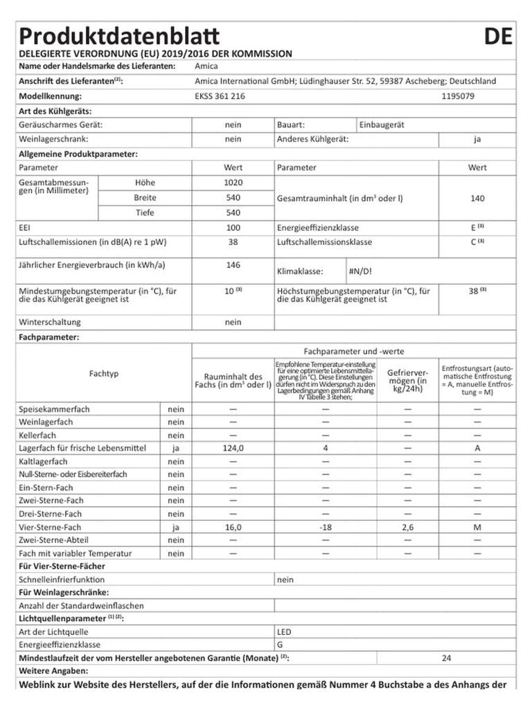 Amica - EKSS 361 216 - Einbau - Kühlschrank mit Gefrierfach - Schlepptür - Technik