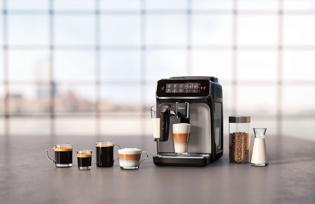 Philips Kaffeevollautomat 3200 Series, 5 Kaffeespezialitäten, LatteGo Milchsystem, Touchdisplay, Schwarz (EP3246/70)