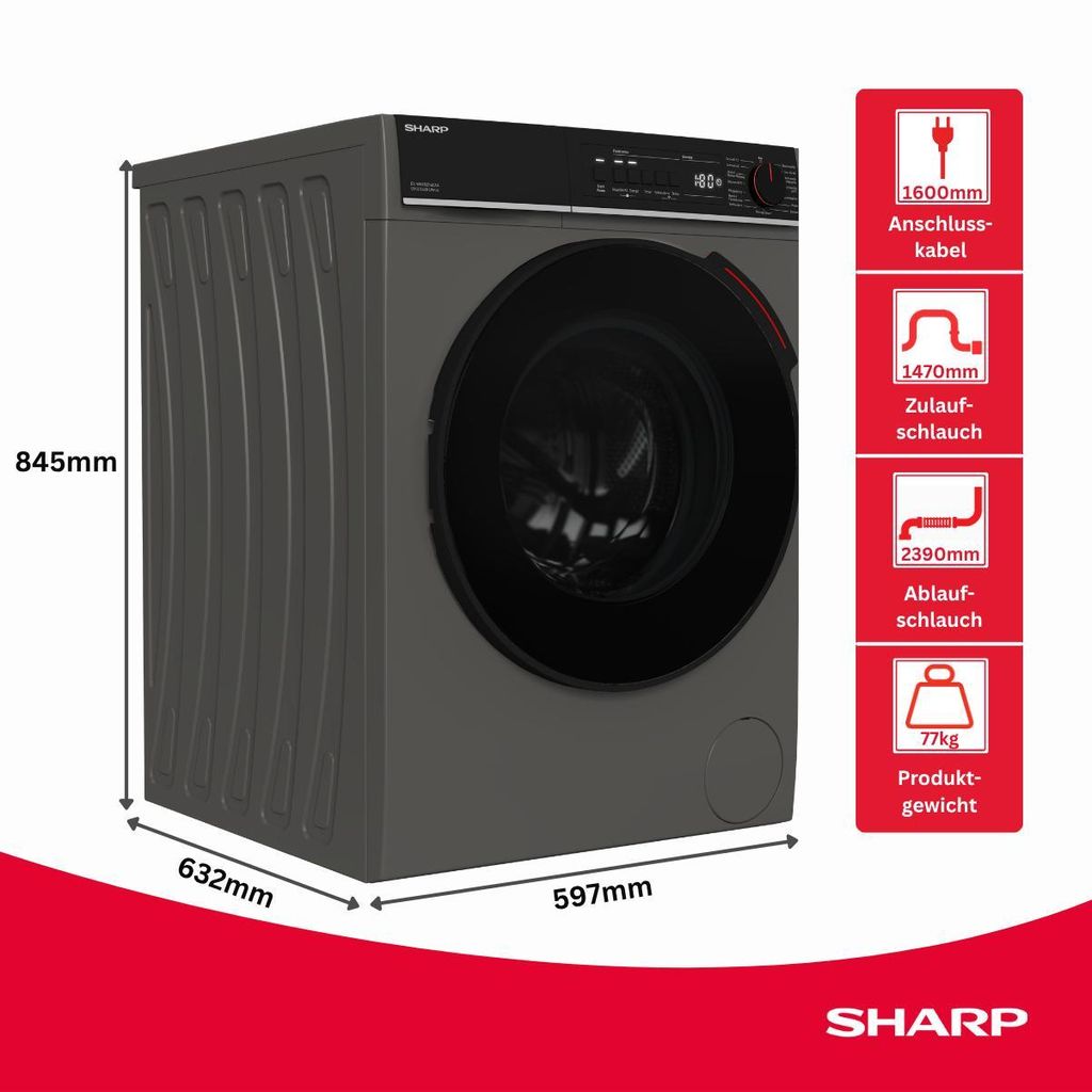 Sharp ES - WNFB214CAA - DE Waschmaschine (12 kg, EEK A - 20%, 1400 U/min.), (WiFi, Inverter Motor, Dampf, AquaStop), Espresso Gray