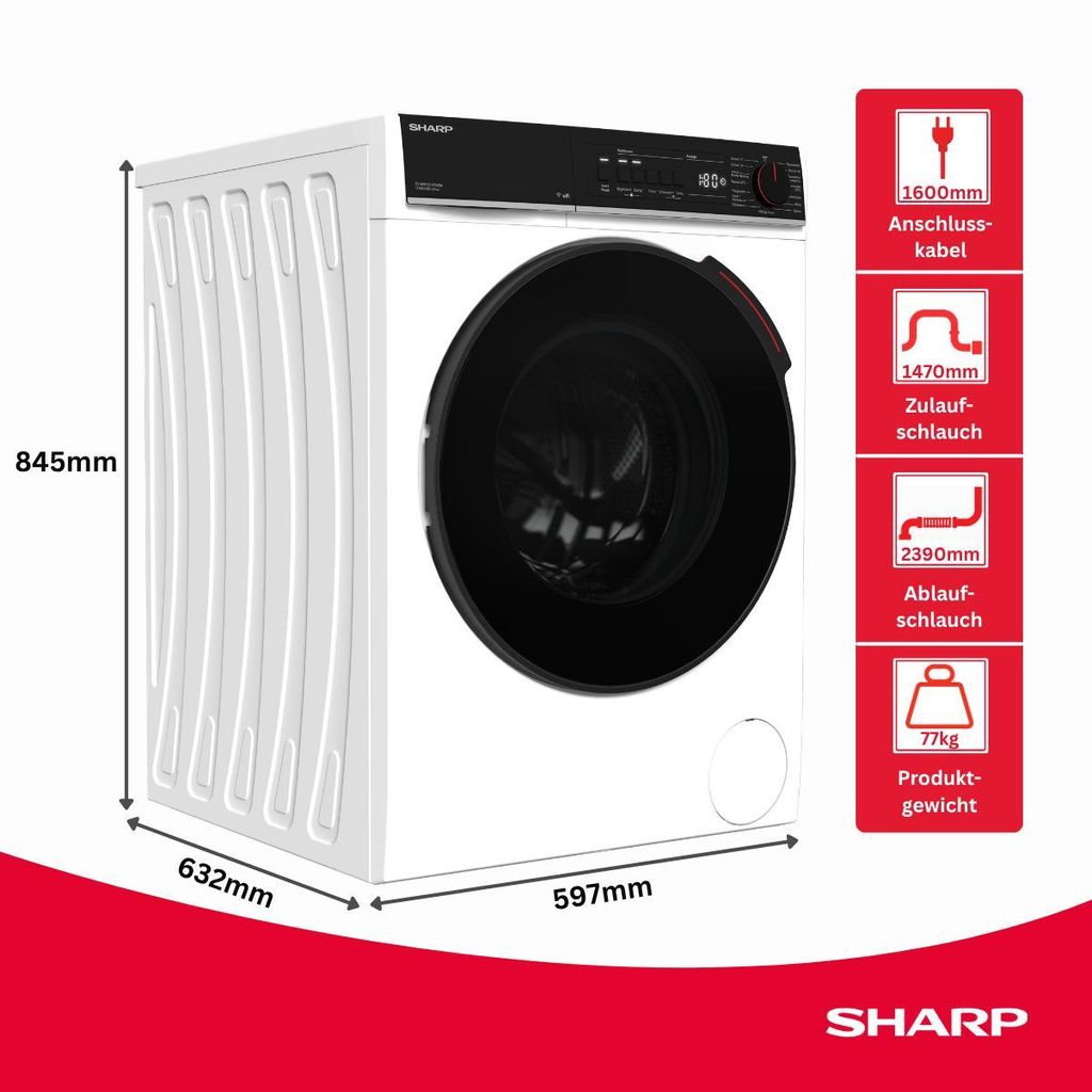 Sharp ES - WNFB214CWDA - DE Waschmaschine (12 kg, EEK A - 20%, 1400 U/min.), (WiFi, Inverter Motor, Dampf, AquaStop), Weiß