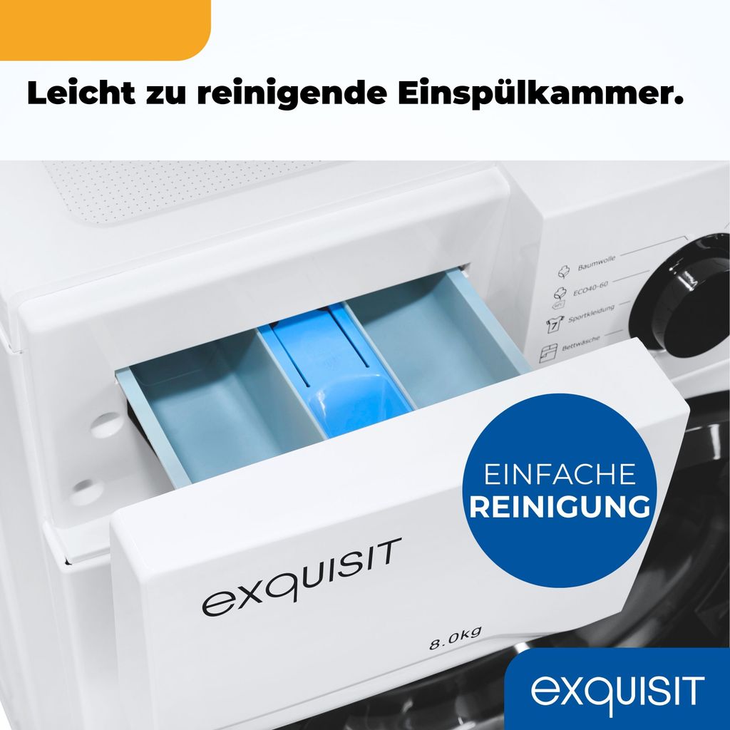Exquisit Waschmaschine 8kg, Energieeffizienzklasse A, max. 1400 U/Min, 13 Programme, Startzeitvorwahl, Kindersicherung, WA58014 - 020A weiss