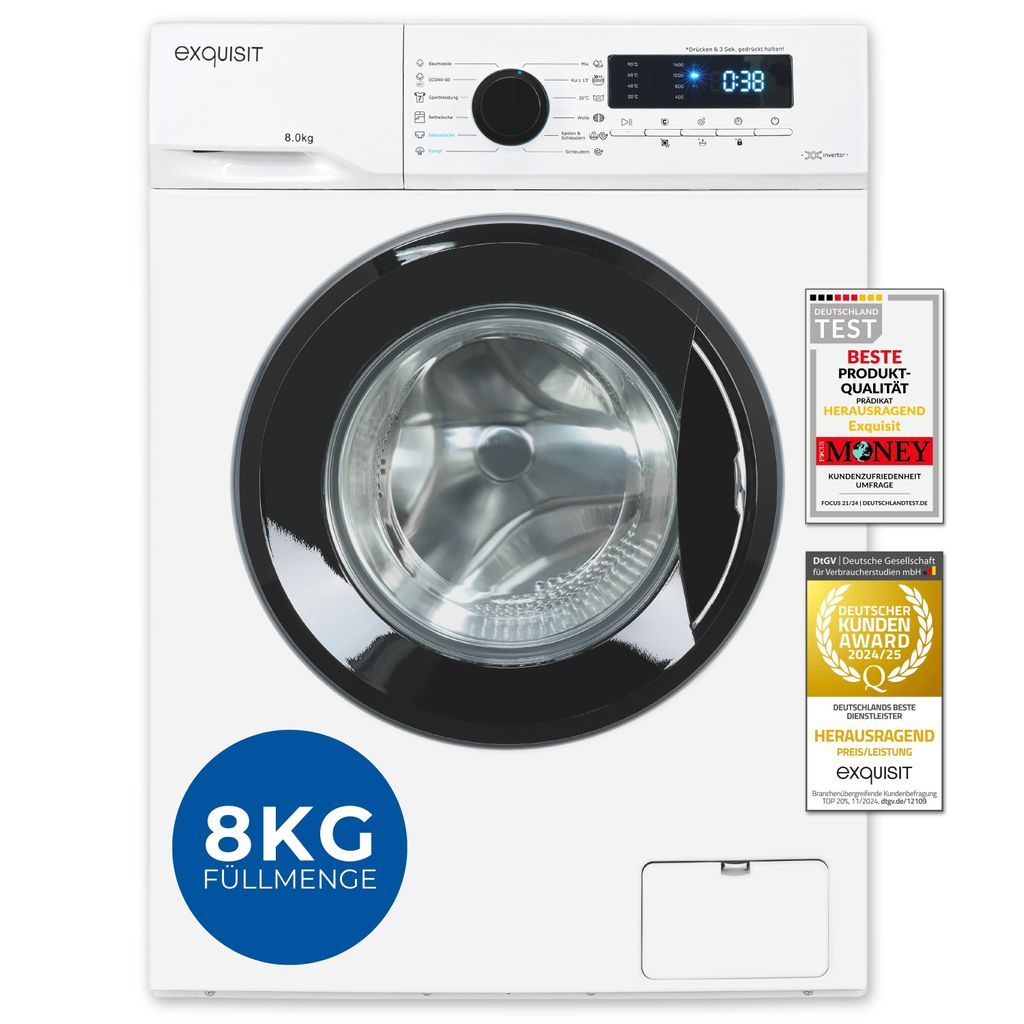 Exquisit Waschmaschine 8kg, Energieeffizienzklasse A, max. 1400 U/Min, 13 Programme, Startzeitvorwahl, Kindersicherung, WA58014 - 020A weiss