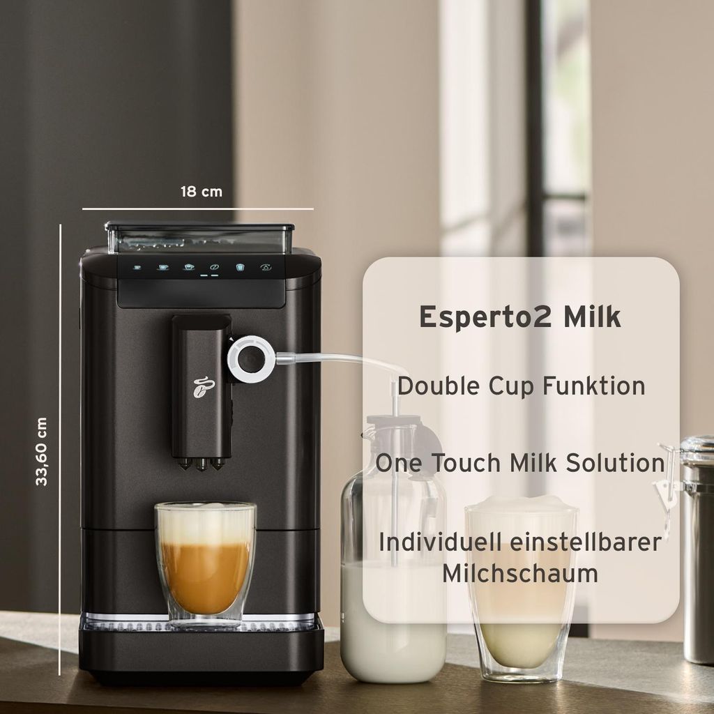 Tchibo Kaffeevollautomat Esperto2 Milk mit One - Touch Milchfunktion und 2 - Tassen - Funktion für Espresso, Caffè Crema, Capuccino und Milchschaum, Granite Black