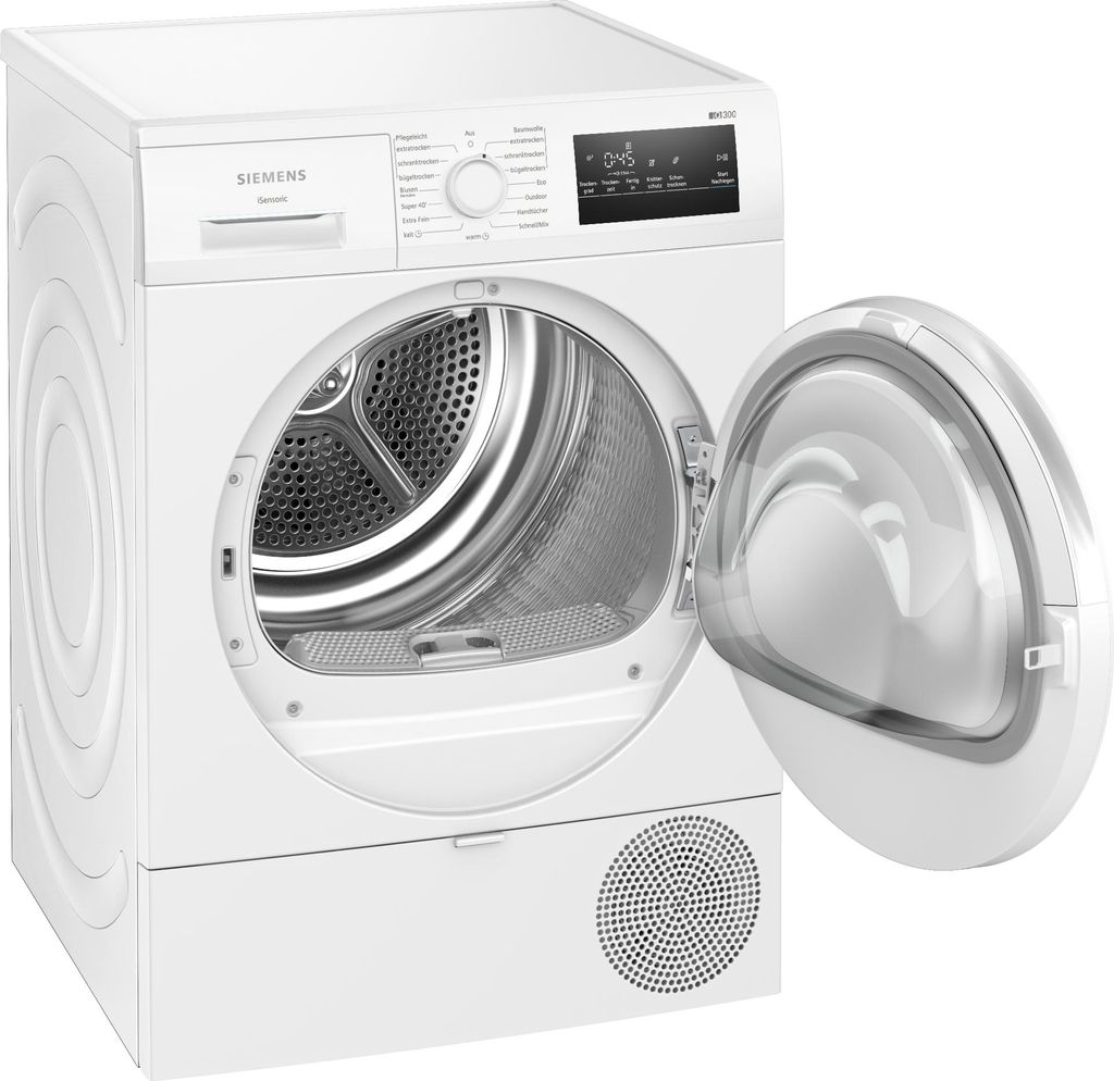 Siemens iQ300 WT43HV04, Freistehend, Frontlader, Kondensation, Weiß, Drehregler, Berührung, Rechts