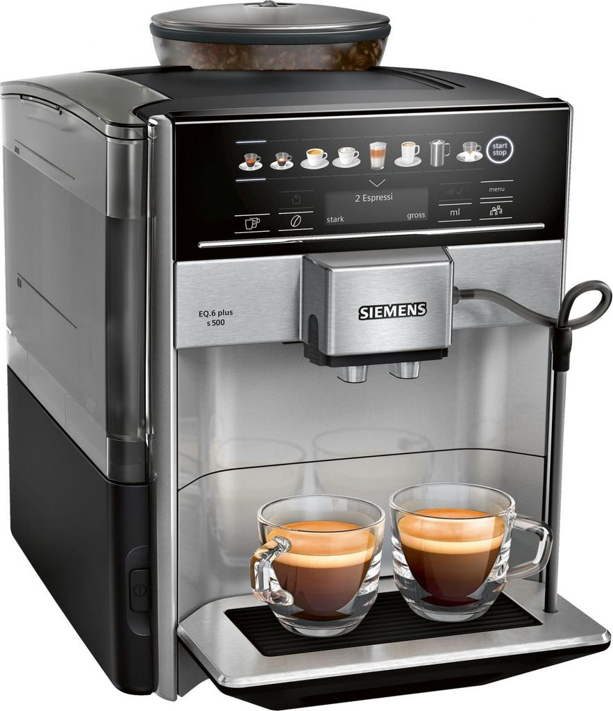 Siemens EQ6 Plus S500, Espressomaschine, 1,7 l, Kaffeebohnen, Gemahlener Kaffee, Eingebautes Mahlwerk, 1500 W, Schwarz, Silber