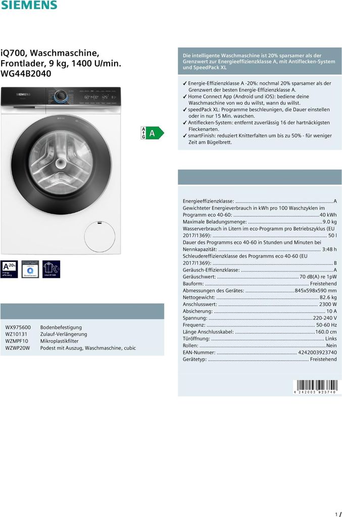 Siemens iQ700 WG44B2040, Frontlader, 9 kg, B, 70 dB, 1400 RPM, A