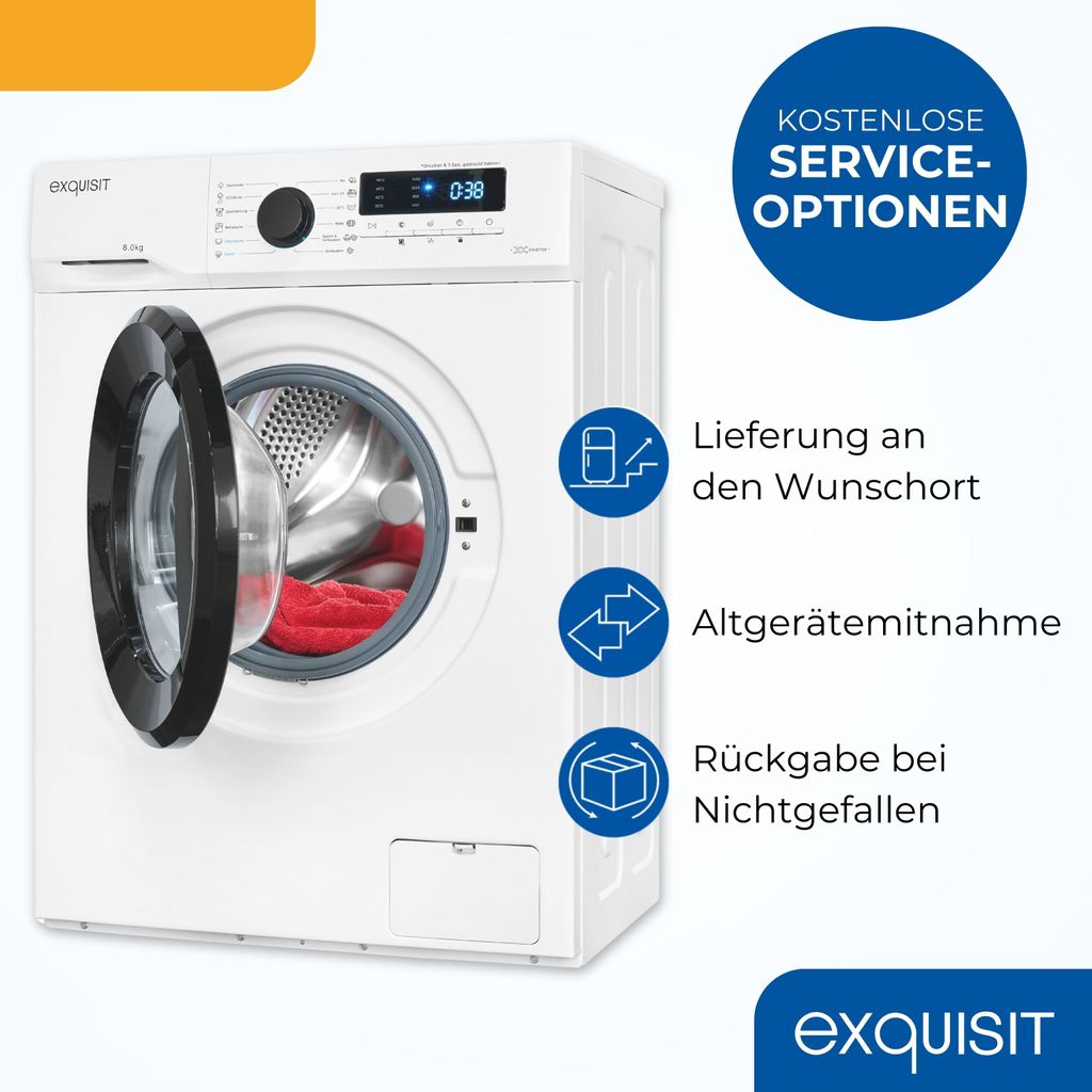Exquisit Waschmaschine 8kg, Energieeffizienzklasse A, max. 1400 U/Min, 13 Programme, Startzeitvorwahl, Kindersicherung, WA58014 - 020A weiss