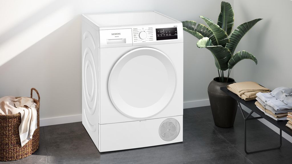 Siemens iQ300 WT43HV04, Freistehend, Frontlader, Kondensation, Weiß, Drehregler, Berührung, Rechts