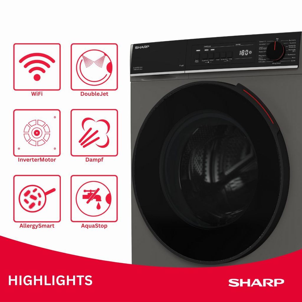 Sharp ES - WNFB214CAA - DE Waschmaschine (12 kg, EEK A - 20%, 1400 U/min.), (WiFi, Inverter Motor, Dampf, AquaStop), Espresso Gray