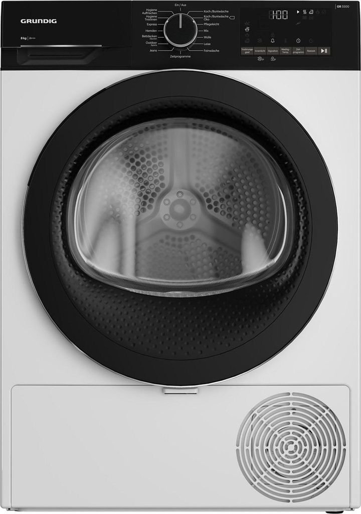 Grundig GT55824F12, Freistehend, Frontlader, Wärmepumpe, Schwarz, Weiß, Tasten, Drehregler, Schwarz