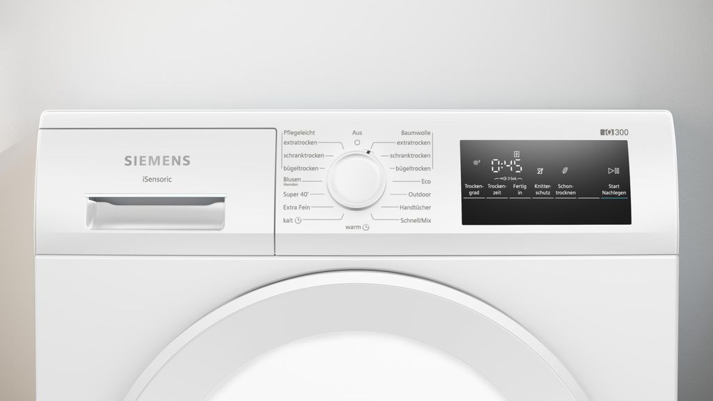 Siemens iQ300 WT43HV04, Freistehend, Frontlader, Kondensation, Weiß, Drehregler, Berührung, Rechts