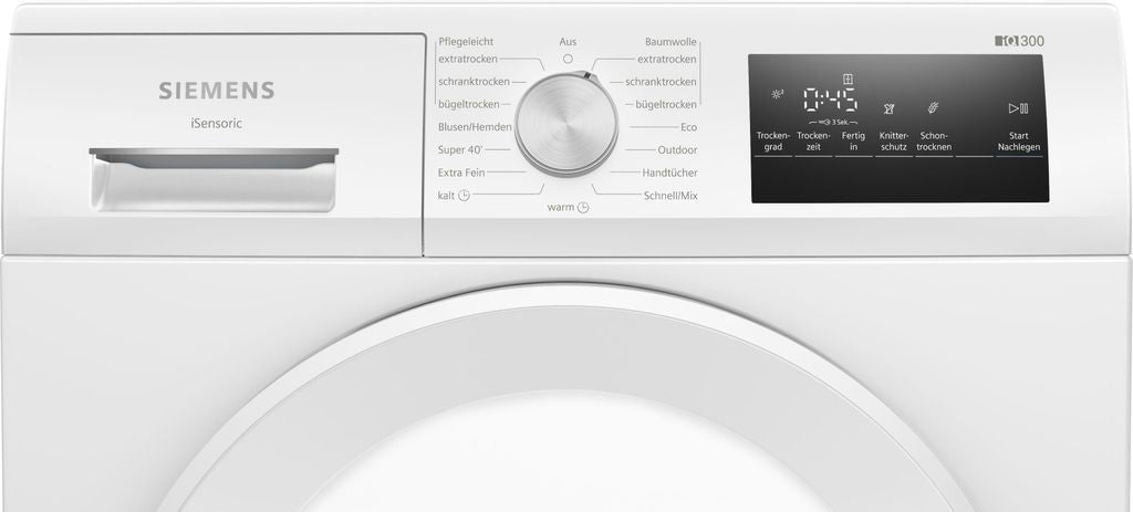Siemens iQ300 WT45HV4EP, Freistehend, Frontlader, Wärmepumpe, Weiß, Drehregler, Berührung, Rechts
