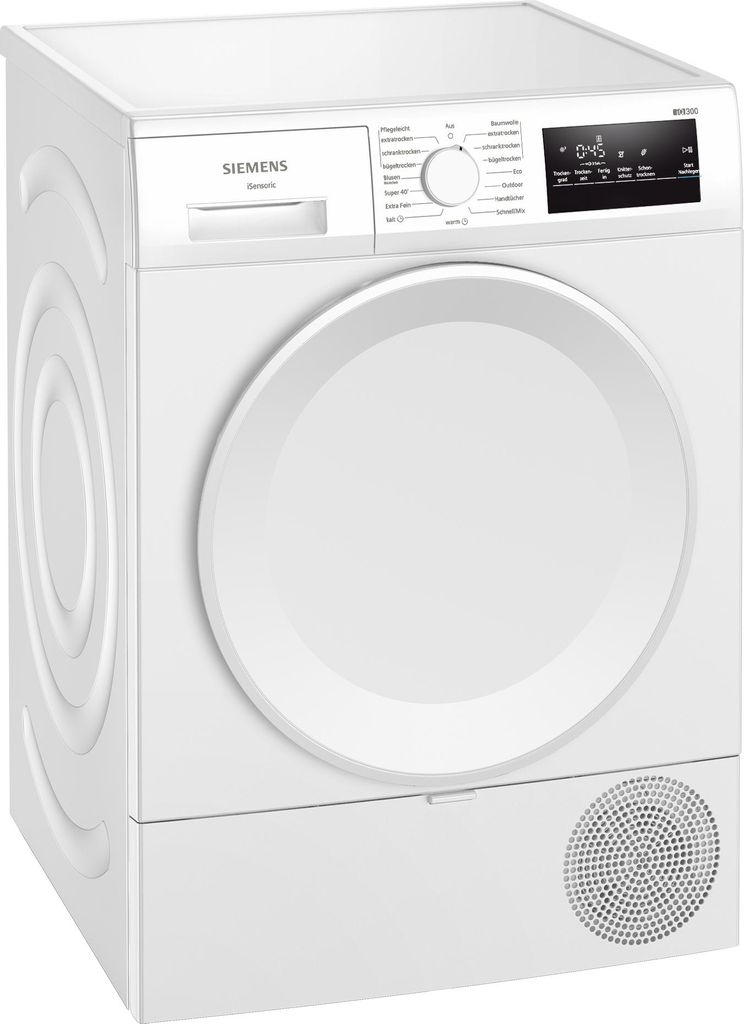 Siemens iQ300 WT43HV04, Freistehend, Frontlader, Kondensation, Weiß, Drehregler, Berührung, Rechts
