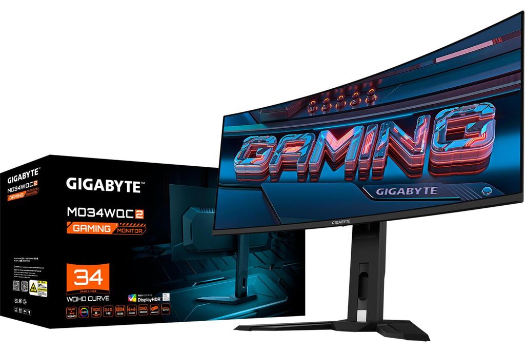 Gigabyte OLED WQHD Curved Gaming Monitor MO34WQC2 - 34 Zoll, 3440 x 1440, 240Hz, 0,03ms, KVM, 250 cd/m², FreeSync Premium Pro, DisplayHDR True Black 400, HDMI 2.1, Displayport 1.4, 86,4 cm (34"), 3440 x 1440 Pixel, Wide Quad HD, OLED, 0,03 ms, Schwarz