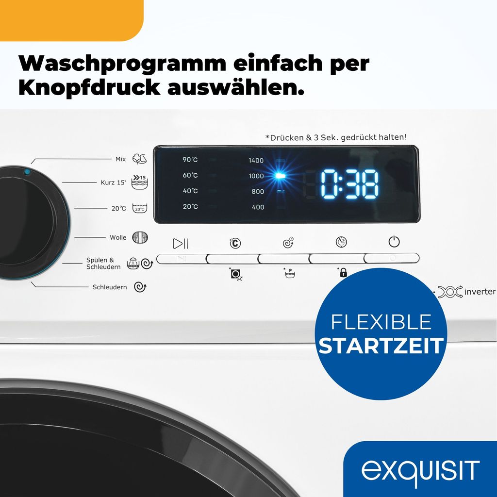 Exquisit Waschmaschine 8kg, Energieeffizienzklasse A, max. 1400 U/Min, 13 Programme, Startzeitvorwahl, Kindersicherung, WA58014 - 020A weiss