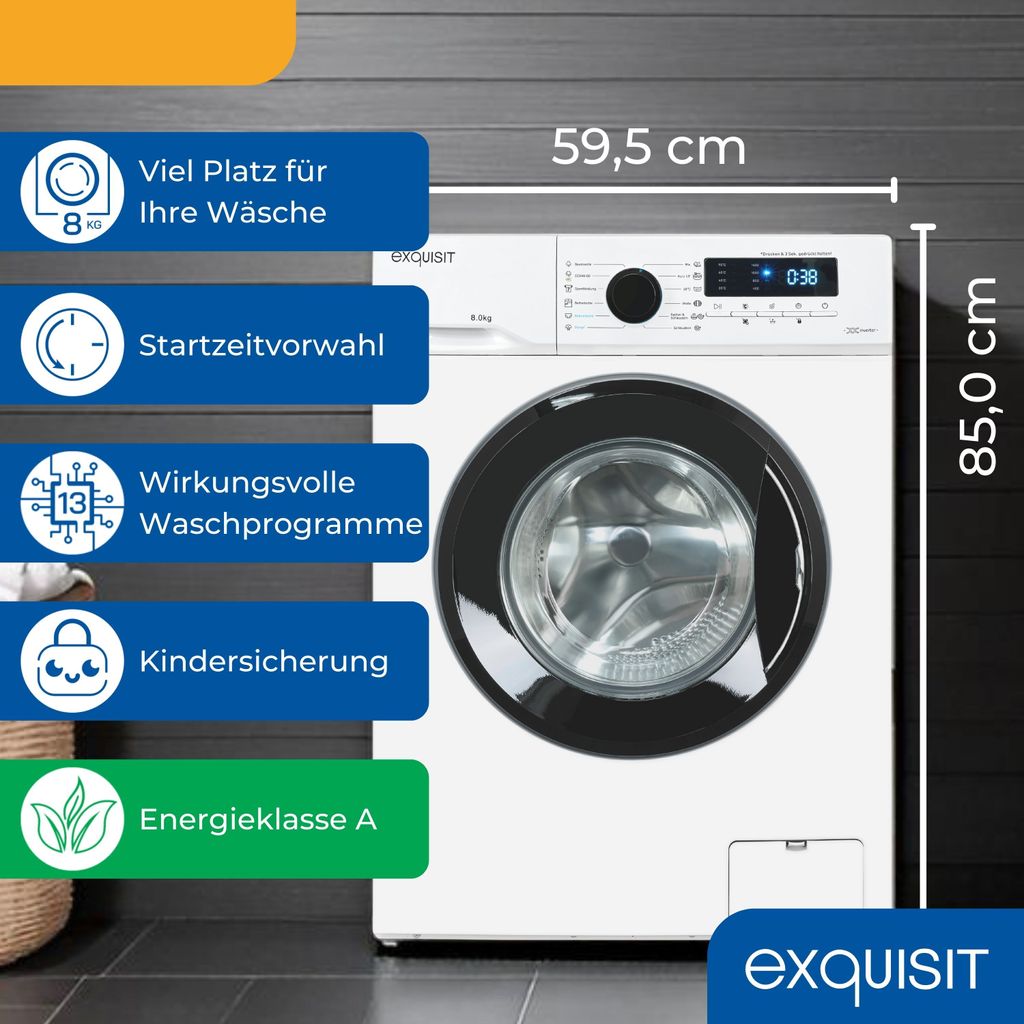 Exquisit Waschmaschine 8kg, Energieeffizienzklasse A, max. 1400 U/Min, 13 Programme, Startzeitvorwahl, Kindersicherung, WA58014 - 020A weiss