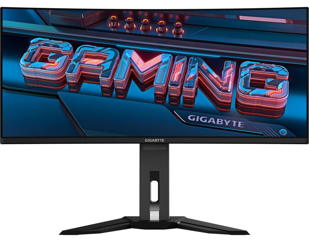 Gigabyte OLED WQHD Curved Gaming Monitor MO34WQC2 - 34 Zoll, 3440 x 1440, 240Hz, 0,03ms, KVM, 250 cd/m², FreeSync Premium Pro, DisplayHDR True Black 400, HDMI 2.1, Displayport 1.4, 86,4 cm (34"), 3440 x 1440 Pixel, Wide Quad HD, OLED, 0,03 ms, Schwarz
