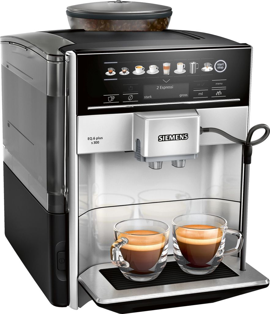 Siemens EQ.6 plus s300, Espressomaschine, 1,7 l, Kaffeebohnen, Gemahlener Kaffee, Eingebautes Mahlwerk, 1500 W, Schwarz, Grau