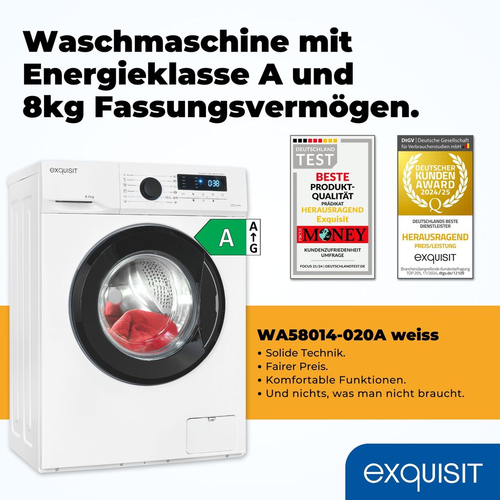 Exquisit Waschmaschine 8kg, Energieeffizienzklasse A, max. 1400 U/Min, 13 Programme, Startzeitvorwahl, Kindersicherung, WA58014 - 020A weiss