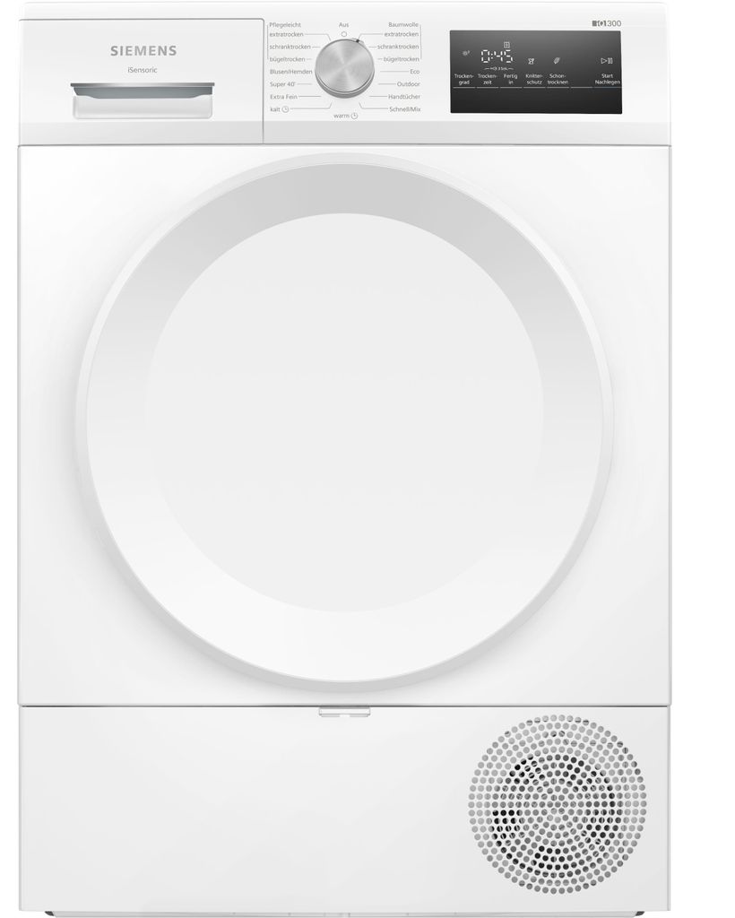 Siemens iQ300 WT45HV4EP, Freistehend, Frontlader, Wärmepumpe, Weiß, Drehregler, Berührung, Rechts