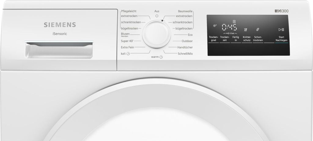 Siemens iQ300 WT43HV04, Freistehend, Frontlader, Kondensation, Weiß, Drehregler, Berührung, Rechts