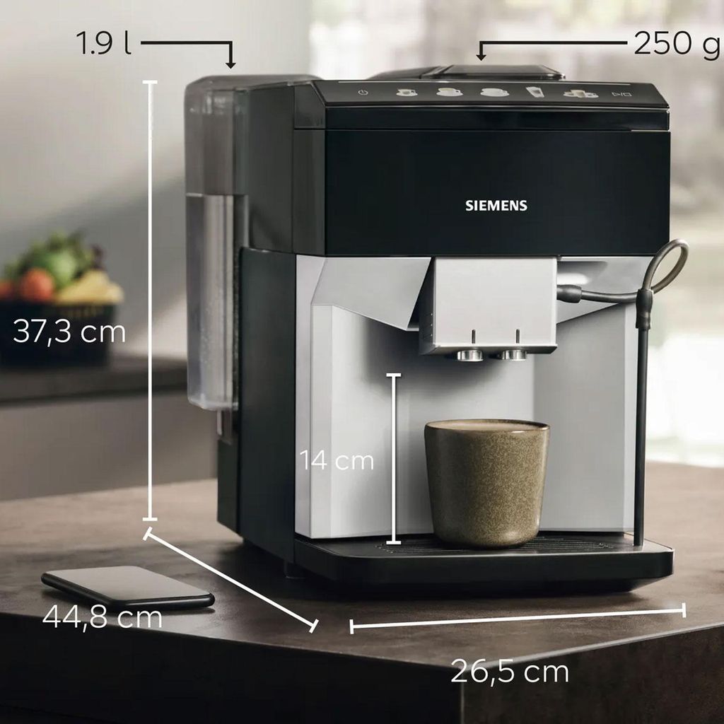 Siemens EQ.500 TP515D01, Espressomaschine, 1,9 l, Kaffeebohnen, Eingebautes Mahlwerk, 1500 W, Schwarz, Silber
