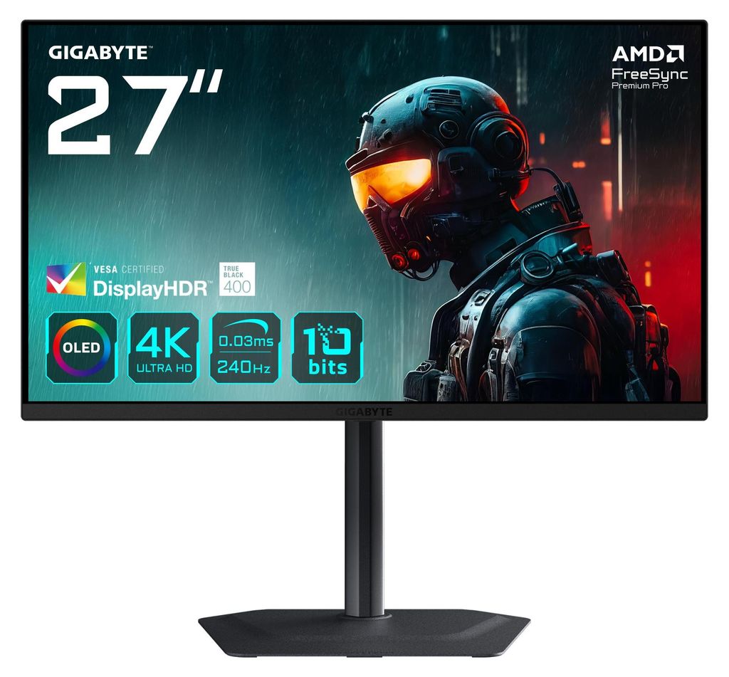 Gigabyte MO27U2 OLED 4K UHD Gaming Monitor – 3840 x 2160, 240Hz, 0,03 ms, 1000 cd/m², Display HDR True Black 400, HDMI 2.1, DisplayPort 1.4, 68,6 cm (27"), 3840 x 2160 Pixel, 4K Ultra HD, QD - OLED, 0,03 ms, Schwarz