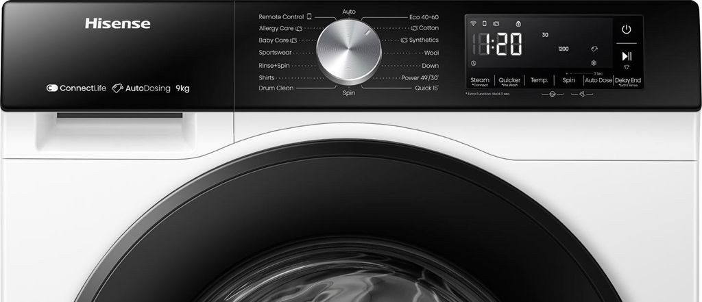 Hisense WF3S9045BW3, Frontlader, 9 kg, B, 72 dB, 1400 RPM, A