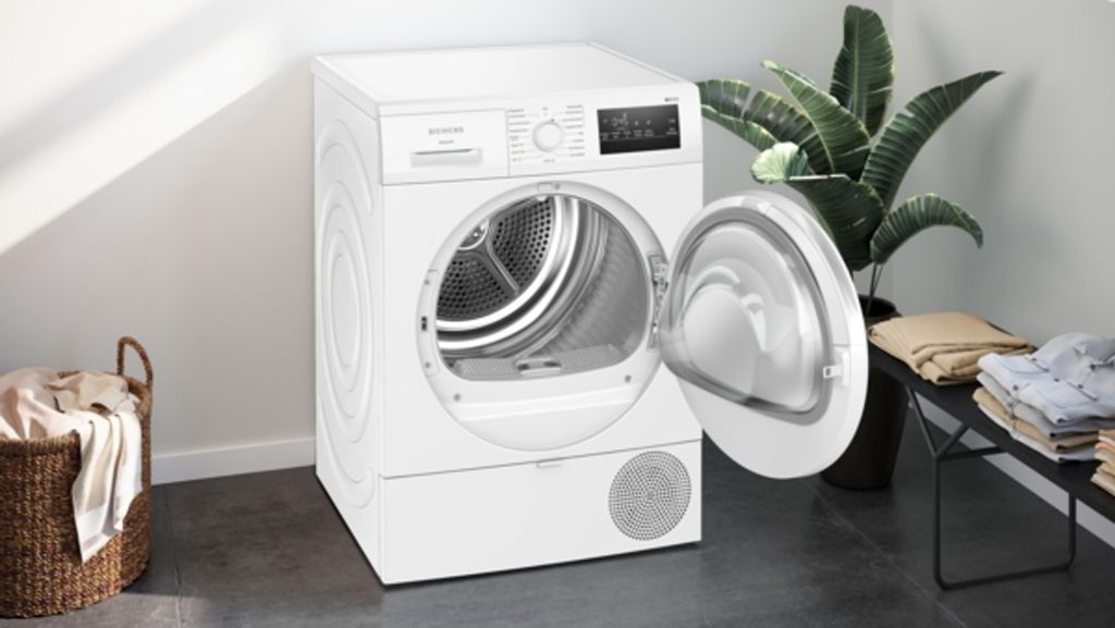 Siemens iQ300 WT43HV04, Freistehend, Frontlader, Kondensation, Weiß, Drehregler, Berührung, Rechts
