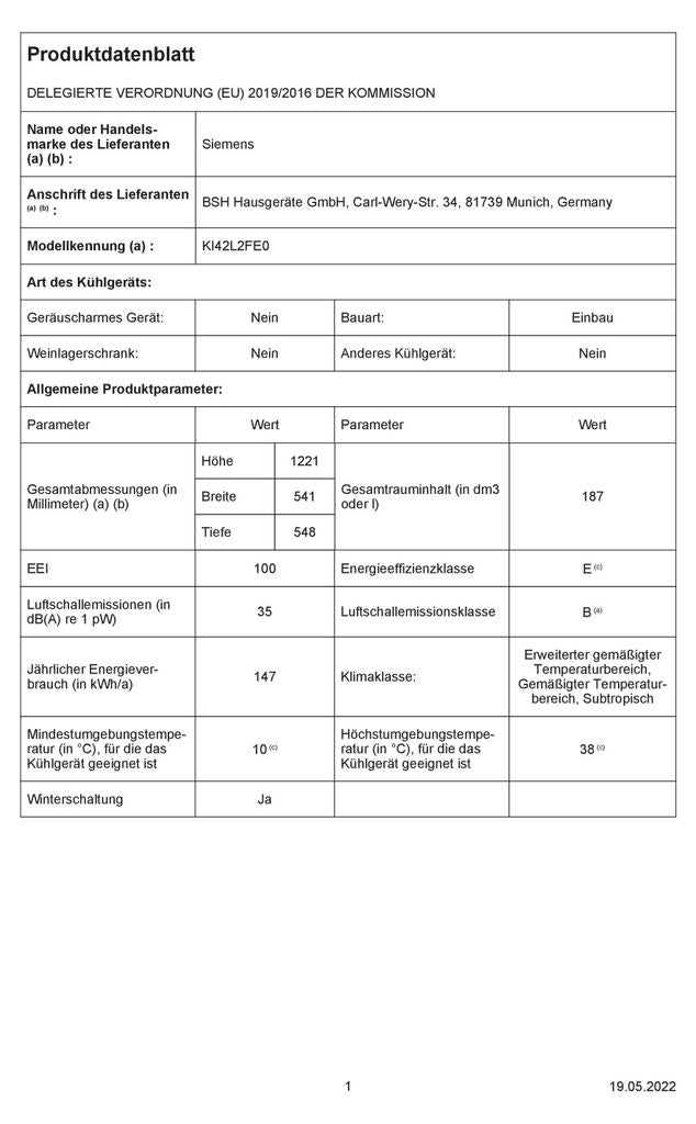Siemens iQ300 KI42L2FE0, 187 l, Integriert, E, 35 dB, SN - T, 3 kg/24h