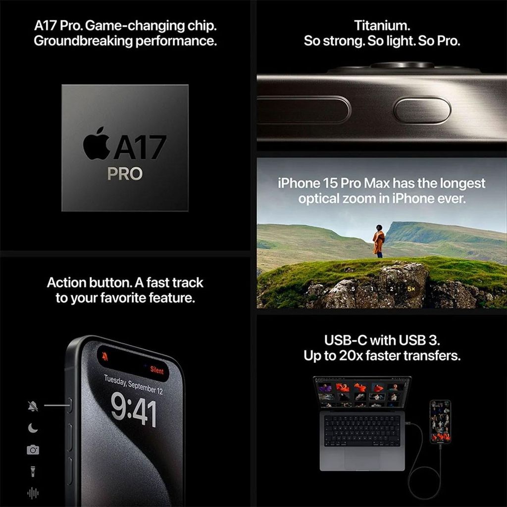 Apple iPhone 15 Pro , 15,5 cm (6.1"), 2556 x 1179 Pixel, 128 GB, 48 MP, iOS 17, Titan, Schwarz