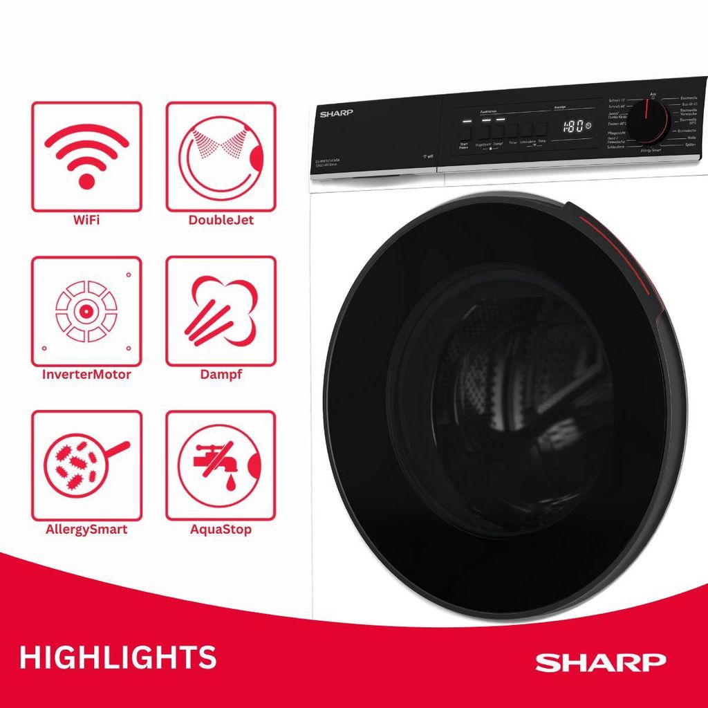 Sharp ES - WNFB214CWDA - DE Waschmaschine (12 kg, EEK A - 20%, 1400 U/min.), (WiFi, Inverter Motor, Dampf, AquaStop), Weiß