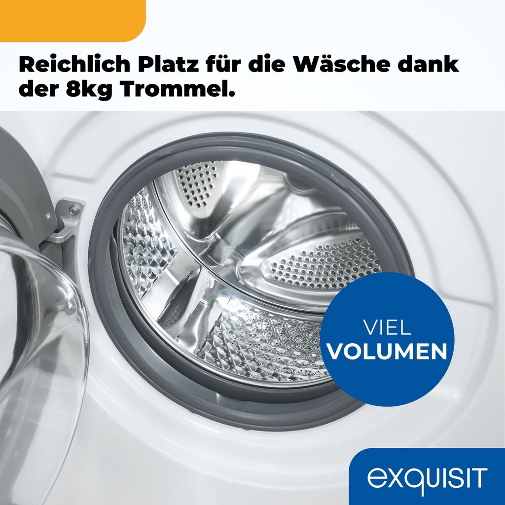 Exquisit Waschmaschine 8kg, Energieeffizienzklasse A, max. 1400 U/Min, 13 Programme, Startzeitvorwahl, Kindersicherung, WA58014 - 020A weiss